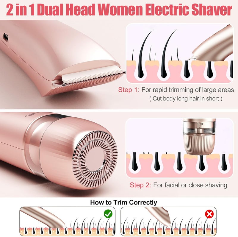 Aedicce Bikini Trimmer for Women 2 in 1, Dual Head Womens Electric Shaver, Electric Razors for Pubic Hair, IPX7 Waterproof Rechargeable Facial Hair Removal for Shaving Underarm Leg Arm Body Face, Rose Gold - Image 3